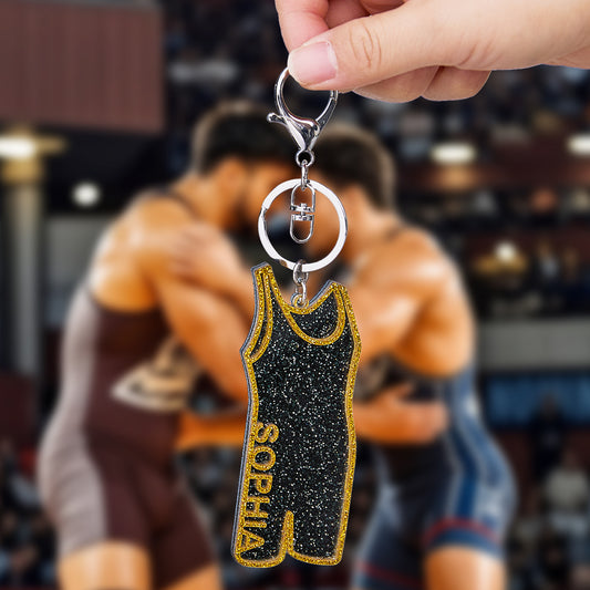 Personalised name wrestling singlet keychain on white background — acrylic personalised wrestling keychain with custom name, perfect custom wrestling keyring gift