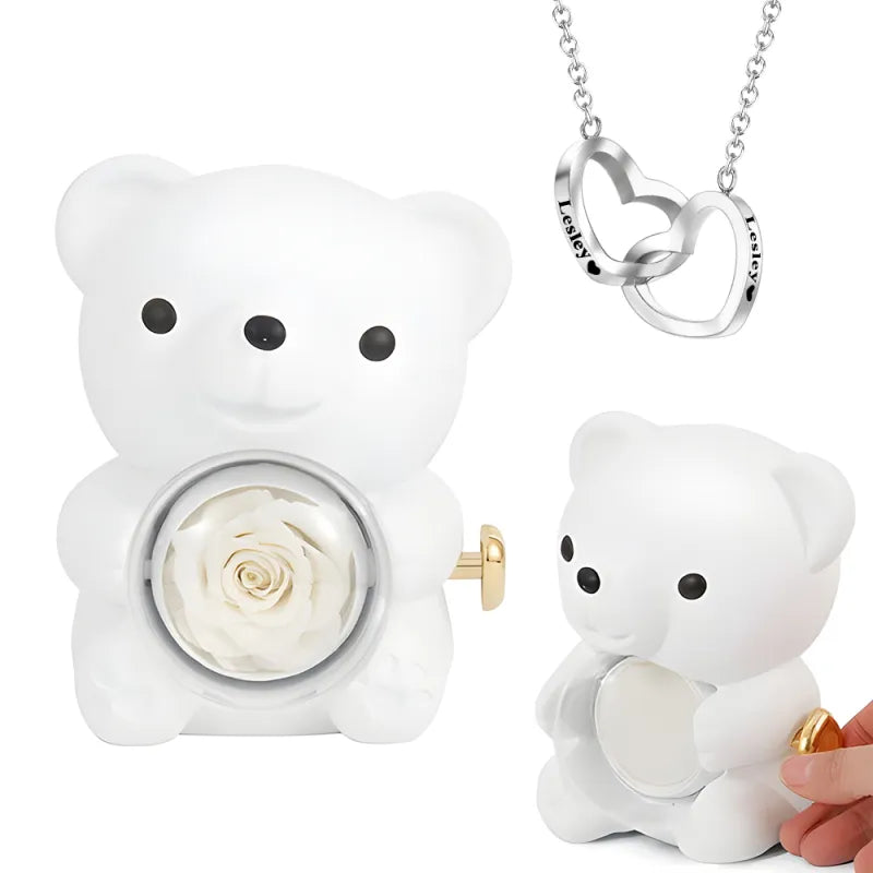 Eternal rose bear next to the personalised engraved necklace — a sentimental Valentine's Day or anniversary gift for wife or girlfriend