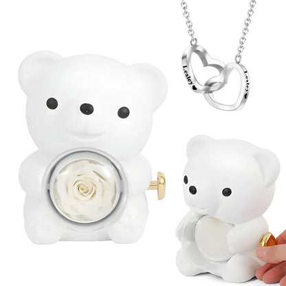 Eternal rose bear next to the personalised engraved necklace — a sentimental Valentine's Day or anniversary gift for wife or girlfriend