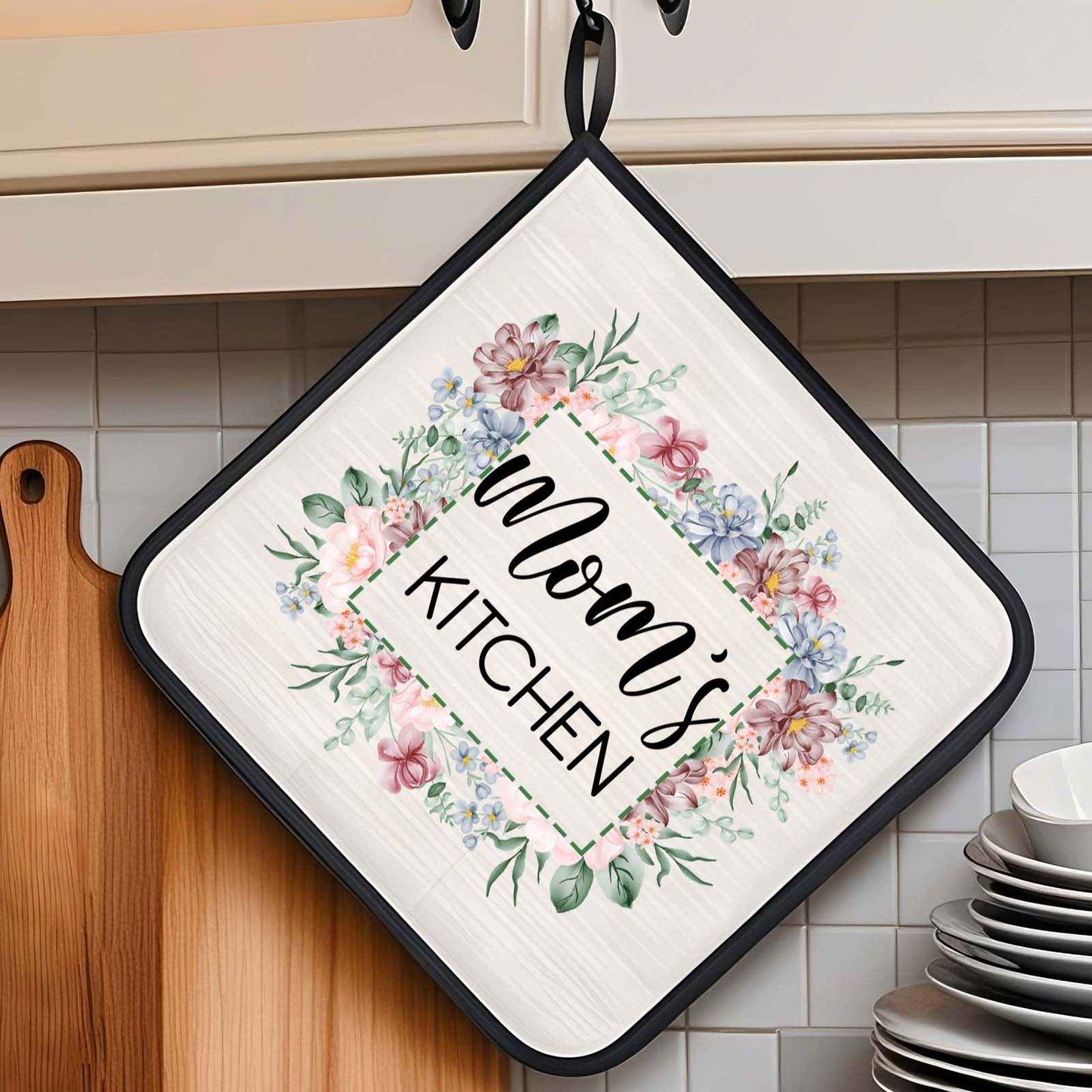 Personalized Flower Insulation Oven Mitt and Pot Holder Set with Text Kitchen Decor Gift for Mom