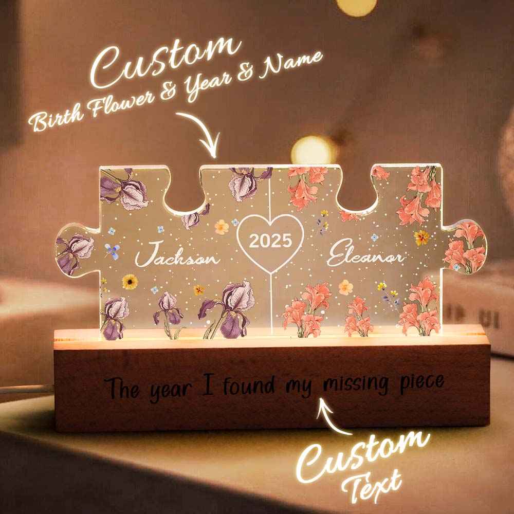 Personalized Couple Puzzle LED Night Light with Birth Flower Night Light Anniversary Gifts for Lover