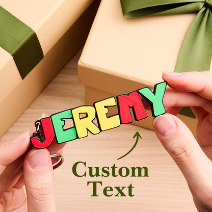 Personalised 3D Cartoon Keyring with decorative name plate on white background — PLA personalised back-to-school gift for kids and teachers