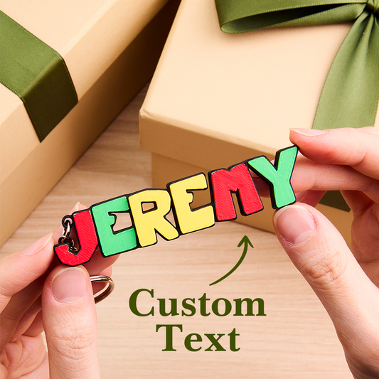 Personalised 3D Cartoon Keyring with decorative name plate on white background — PLA personalised back-to-school gift for kids and teachers