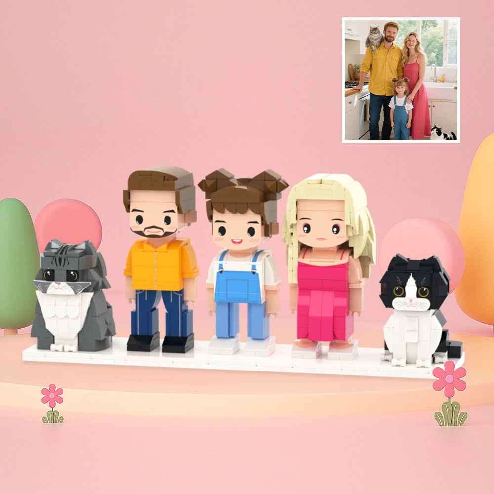 Custom Full-Body Cute Brick Figures of 3 People and 2 Cats Personalized Anniversary Gift Birthday Gift