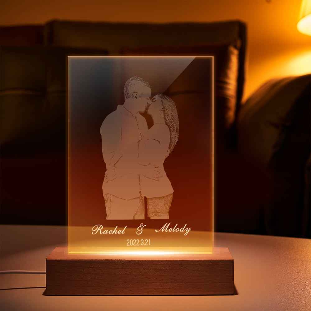 Personalized 2D Carved Photo Night Light Custom Glass Led Night Lamp for Couple