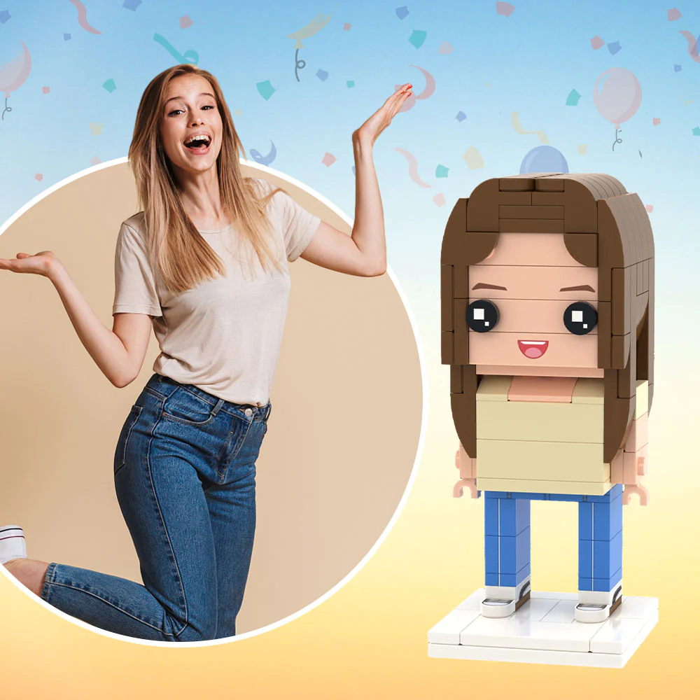 Close-up front view of customised brick figure head created from a high-resolution photo — personalised brick figure, AI head generation