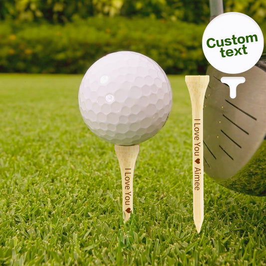 Set of personalised engraved bamboo golf tees on a white background, laser-engraved text and patterns — custom golf gifts