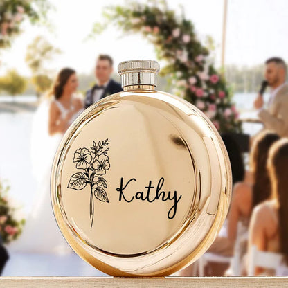 Personalised Name Flask with Birth Flower - Custom Bridesmaid Gift