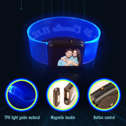 Pack of personalised photo LED bracelets laid flat showing battery compartment and sturdy ABS TPU material for long-lasting illumination up to 12 hours