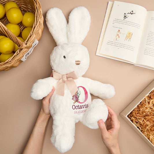 Personalised bunny rabbit plush toy with custom name embroidered on tummy, soft plush keepsake for babies and nurseries