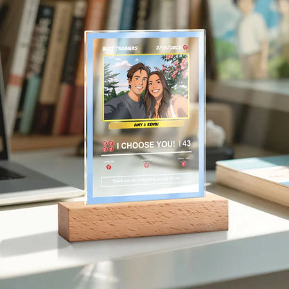 Angle shot showing the acrylic panel and wooden base of the Personalised Lamp.