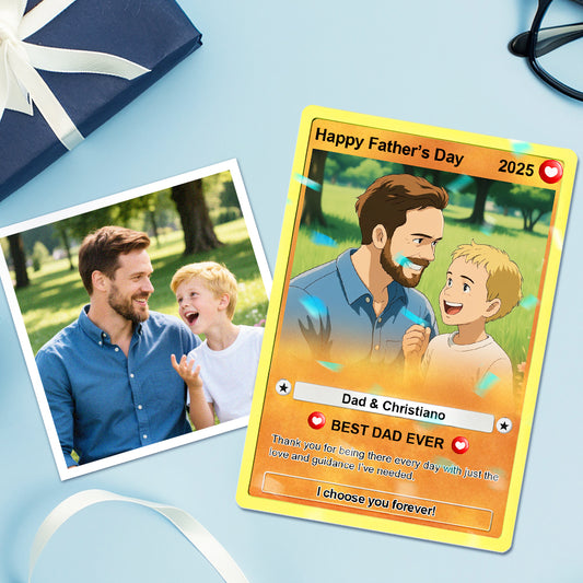 Personalised Father's Day poke card for dad, customised with his name, a special title and a heartfelt message; Pokémon-inspired design on a durable wood, plastic and PVC card.