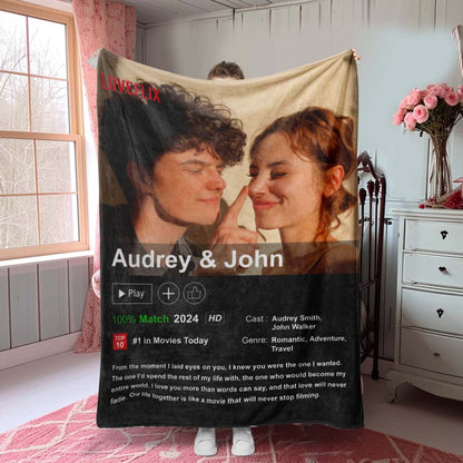 Personalised Loveflix-style couples movie poster photo blanket in soft flannel — custom anniversary or Valentine's gift