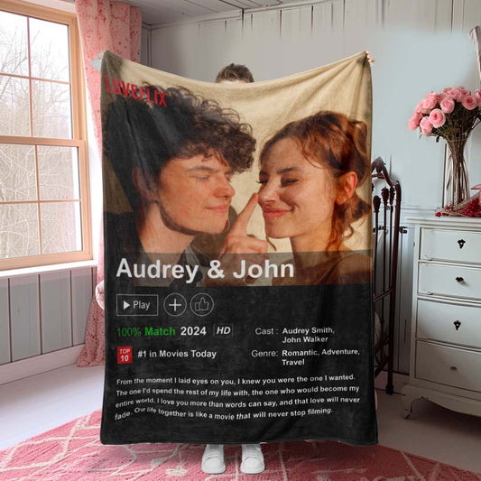 Personalised Loveflix-style couples movie poster photo blanket in soft flannel — custom anniversary or Valentine's gift