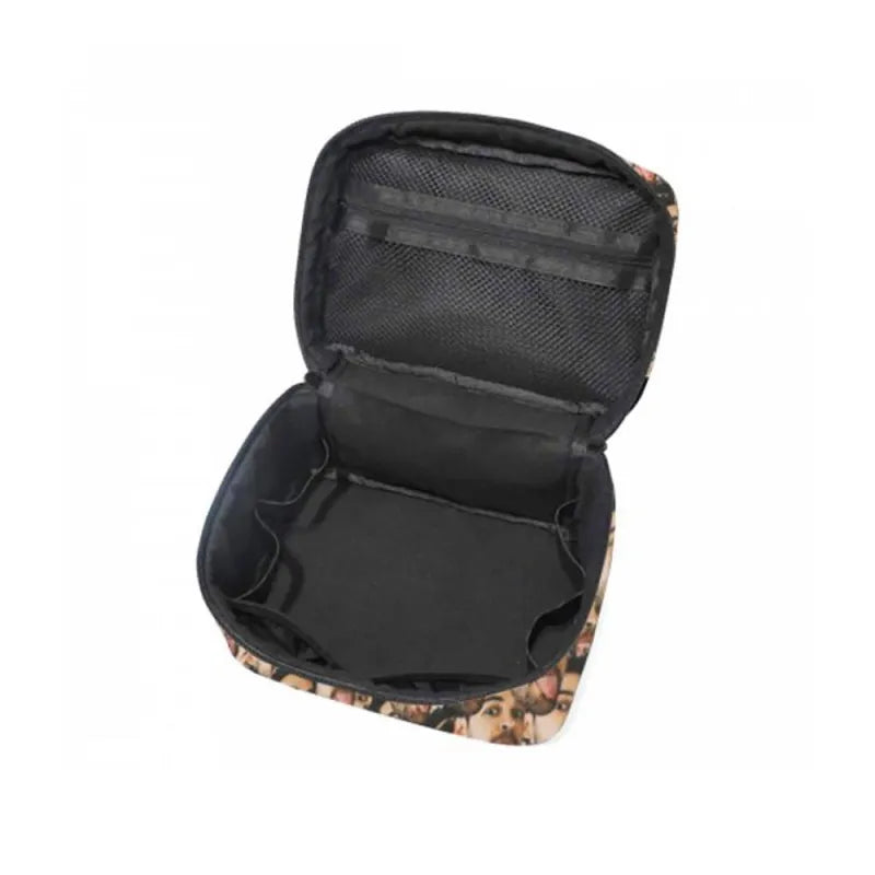 Open interior of personalised face makeup bag showing travel-friendly space for brushes, toiletries and cosmetics
