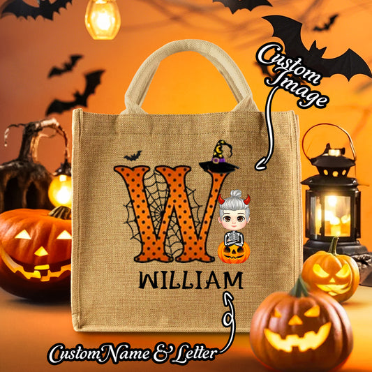 Personalised cartoon pumpkin jute tote bag with initial & name – trick-or-treat Halloween party favour for kids