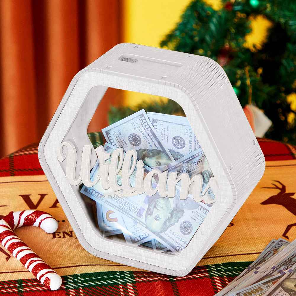 Custom Hexagonal Wood Piggy Bank with Name