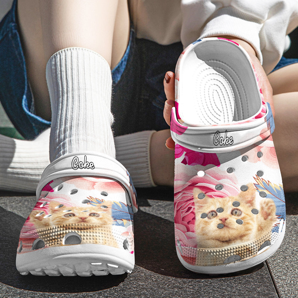 Top view of a personalised pet face clog showing high-resolution printed pet portrait, floral artwork and name customisation