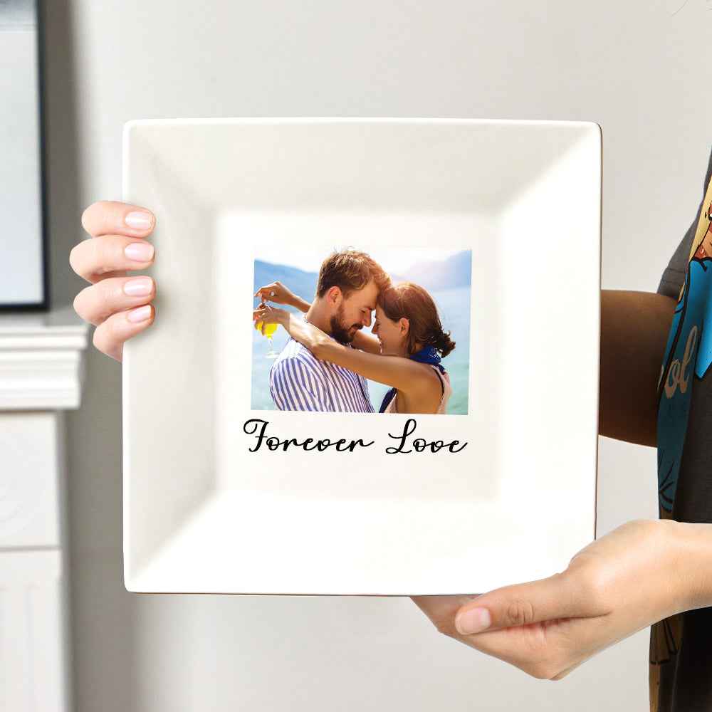 Custom Photo & Text Square Ceramic Plate Anniversary Gift Kitchen Decor