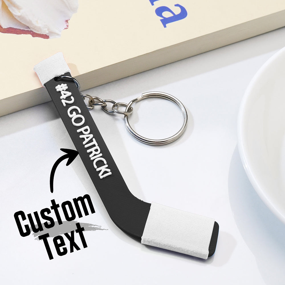 Example colour variations and finishes for the personalised 3D‑printed hockey stick keyring — PLA colour may vary slightly between batches