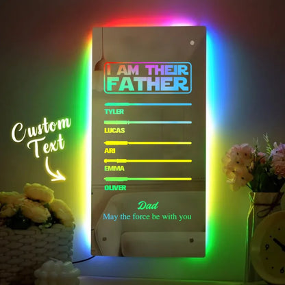 Custom Name Lightsaber mirror lamp reading I Am Their Father with personalised names, silver mirror acrylic LED bedside lamp