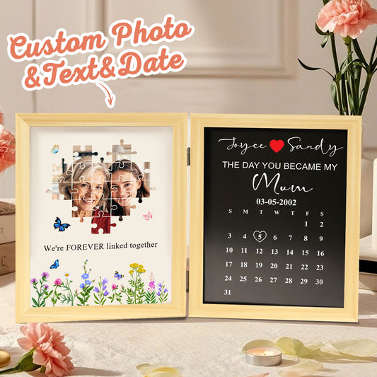 Personalised Mother's Day puzzle photo frame with custom photo and engraved date — premium resin heirloom gift for mum