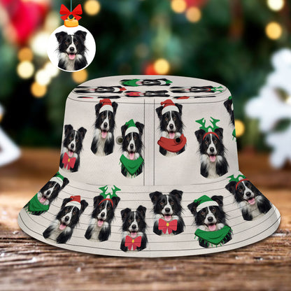 Custom pet Christmas bucket hat with personalised pet photo print — unisex summer beach cap in breathable polyester offering sun protection