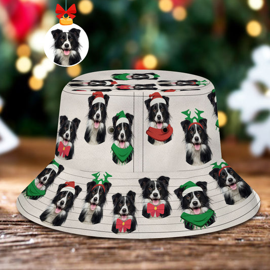Custom pet Christmas bucket hat with personalised pet photo print — unisex summer beach cap in breathable polyester offering sun protection