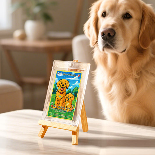 Custom Poke-style stainless steel pet card featuring a personalised high-resolution photo and name — bespoke pet keepsake gift