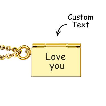 Gold finish personalised envelope locket necklace open to reveal a UV‑printed photo insert — engraved photo keepsake necklace for anniversaries and Valentine’s Day