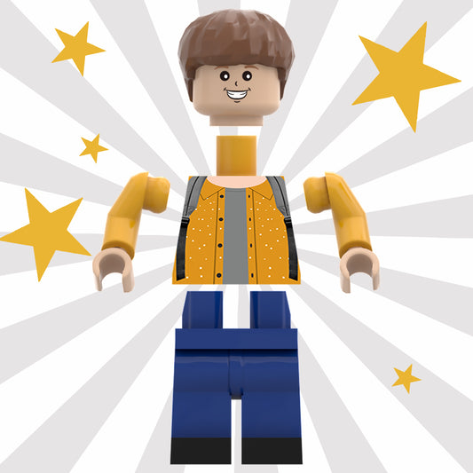 Full‑body giant personalised minifig modelled from a front‑facing photo, showing customised hairstyle, facial expression and clothing — a unique personalised brick figure and personalised photo gift ideal for Boss's Day.