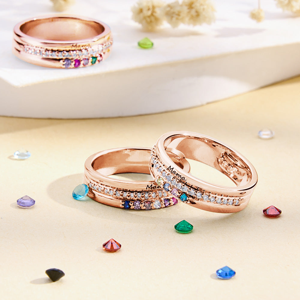 Personalised Birthstone Ring with Engraved Text - Custom Name Jewellery Gift for Women