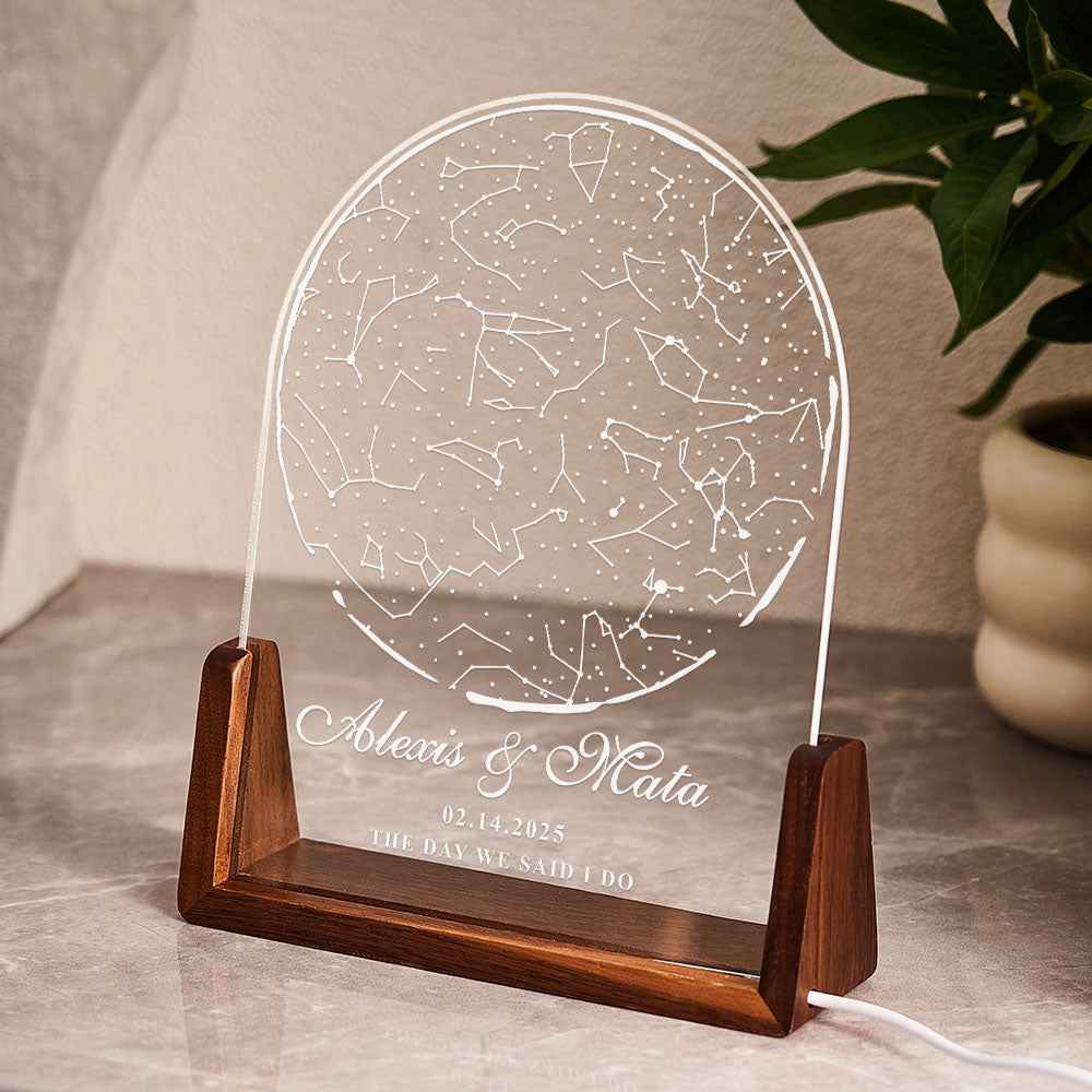 Personalized Name Night Light with 3 Colors – Custom Star Map with U-Shaped Walnut Wood Base