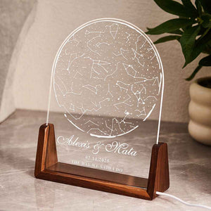 Personalized Name Night Light with 3 Colors – Custom Star Map with U-Shaped Walnut Wood Base