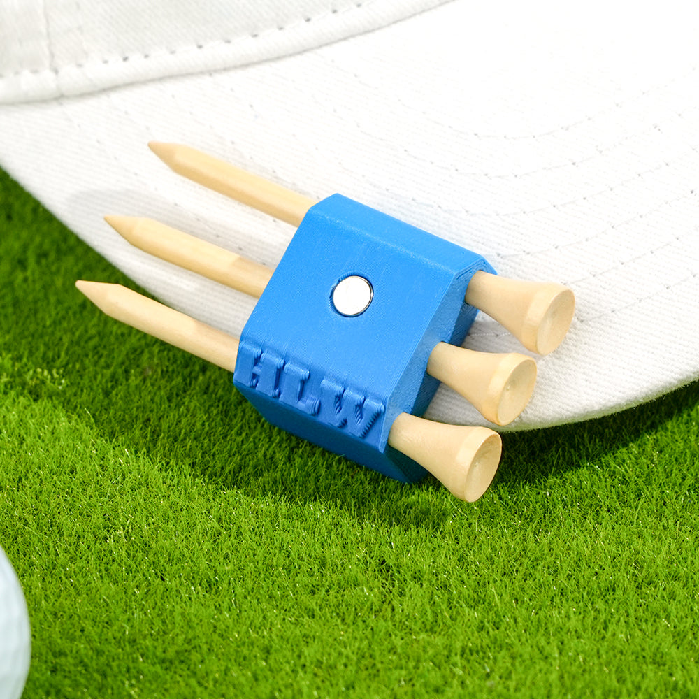 Close-up of personalised 3D printed hat clip showing the magnetic ball marker held securely — bespoke golf gift