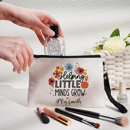 Personalised floral canvas pouch shown next to planner – stylish gift for teachers and colleagues