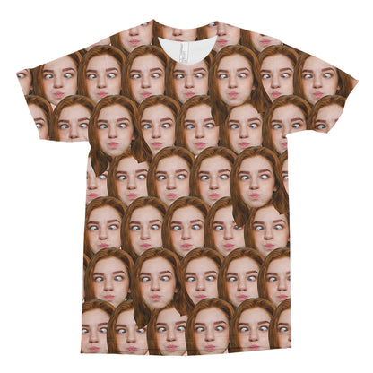 Back and side views of a custom photo unisex t-shirt showing stretchy fit and classic pullover design, sizes S–XXL