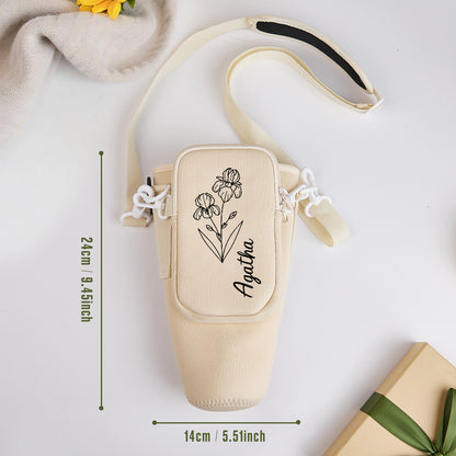 Gift presentation of personalised birth flower bottle carrier wrapped for gifting, perfect personalised present for her on birthdays or Mother’s Day