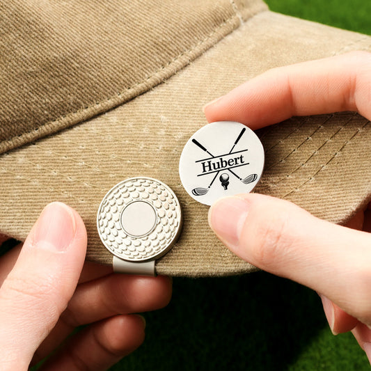 Personalised polished metal golf ball marker clipped to a hat with magnetic hat clip – custom golf accessory and ideal golfer gift