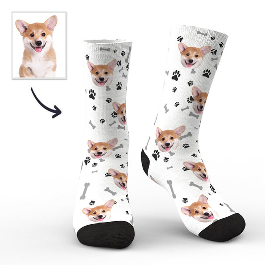 Custom printed face and dog avatar novelty socks with two personalised portrait prints — unique personalised photo socks gift
