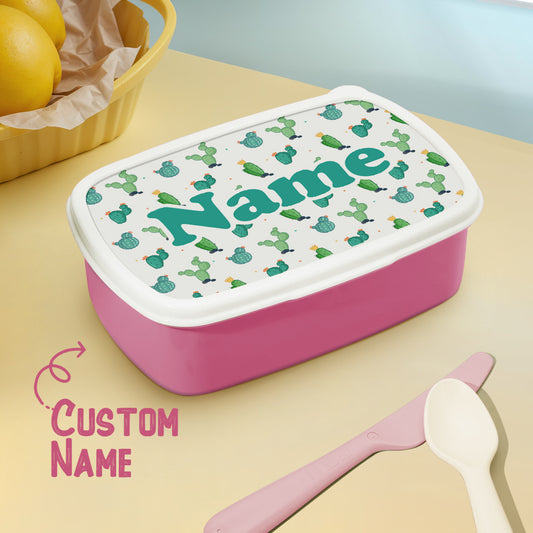 Front view of Personalised Name Lunch Box with cute cartoon cactus print and custom name — ideal personalised kids lunch box for school or birthday gifts