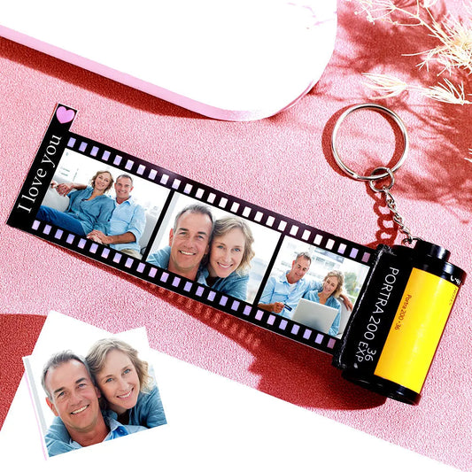 Personalised Film Roll Keychain displaying multiple custom photos on a vintage-style miniature reel — ideal anniversary photo gift