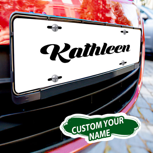Front view of a personalised aluminium number plate with UV-printed name for vehicle use.