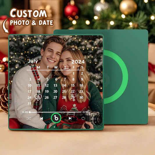 FridgeBeats framed personalised music fridge magnet with custom photo and mini calendar on acrylic — plays your chosen song, ideal personalised gift