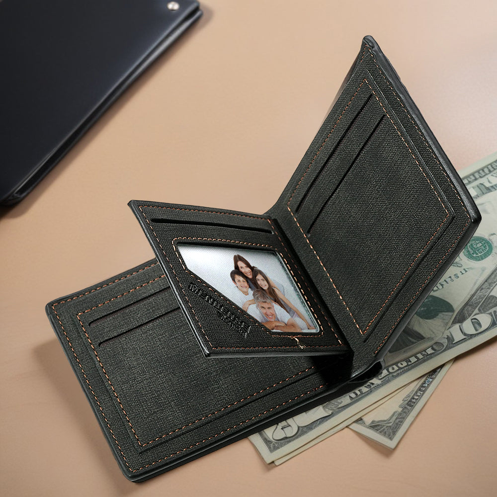Close‑up of personalised PU leather wallet exterior highlighting stitched edges and quality print — ideal personalised gift for husband or father