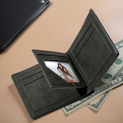 Close‑up of personalised PU leather wallet exterior highlighting stitched edges and quality print — ideal personalised gift for husband or father