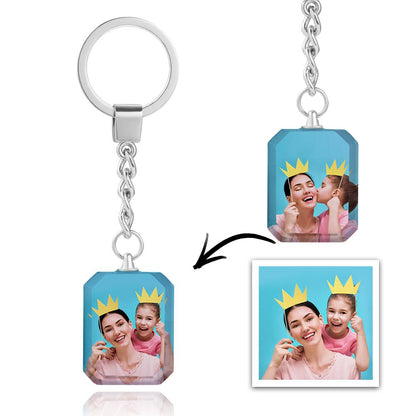 Close-up of custom crystal photo keyring edge and sturdy metal ring highlighting waterproof, durable finish and compact 2.5 x 3 cm photo size