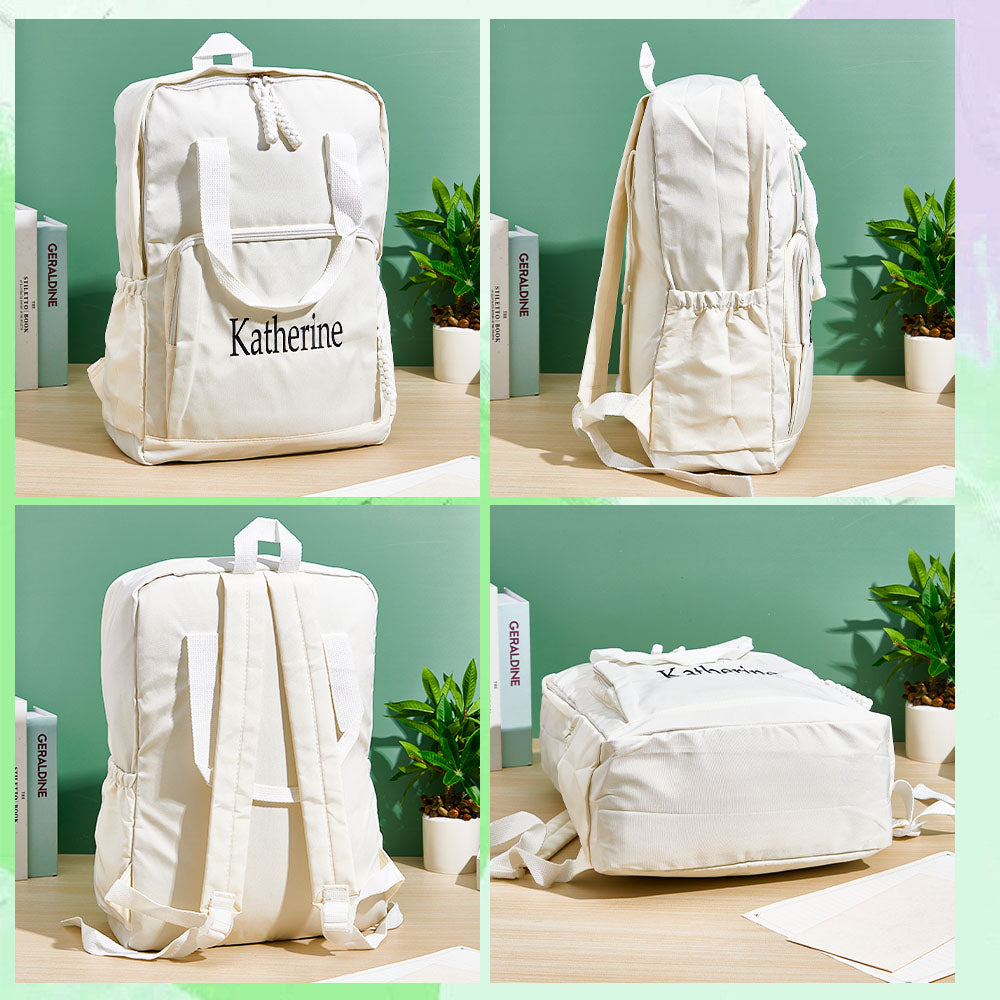 Gift-ready presentation of personalised name embroidered backpack in stylish packaging — perfect birthday or Christmas custom travel bag gift for friends