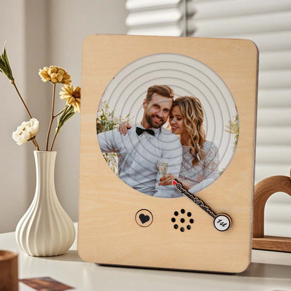 Open personalised photo music box showing black record and MP3 play button — custom photo record player gift