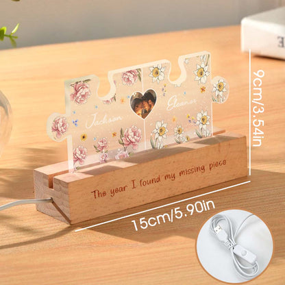 Size reference showing personalised couple puzzle night light dimensions 15cm x 9cm (5.9in x 3.54in), compact bedside LED accent